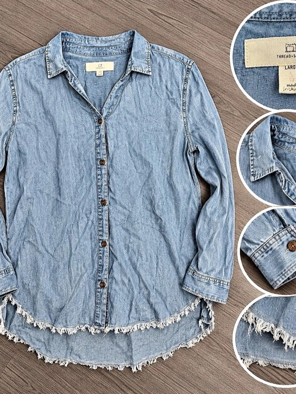 Thread supply Denim Button Down Frayed Hem Blue Size Large